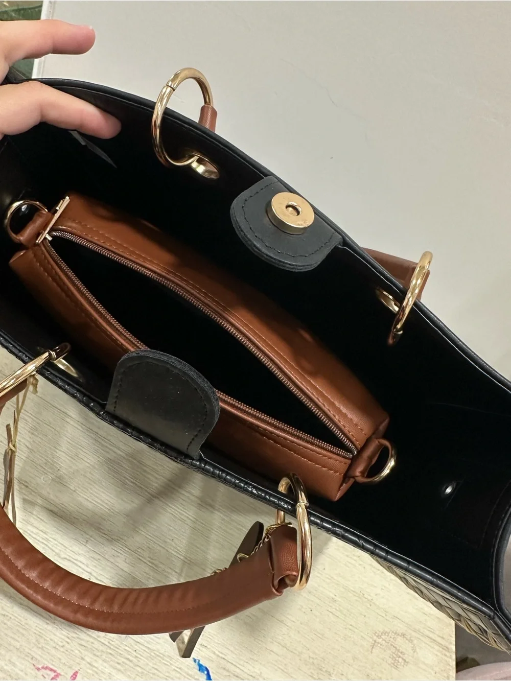 Black Croc-Embossed Mexican leather Tote with Brown Handles